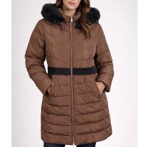 GUESS Janina Brown‎ Long Line Faux Fur Hood Full Zip Down Puffer Jacket Size L